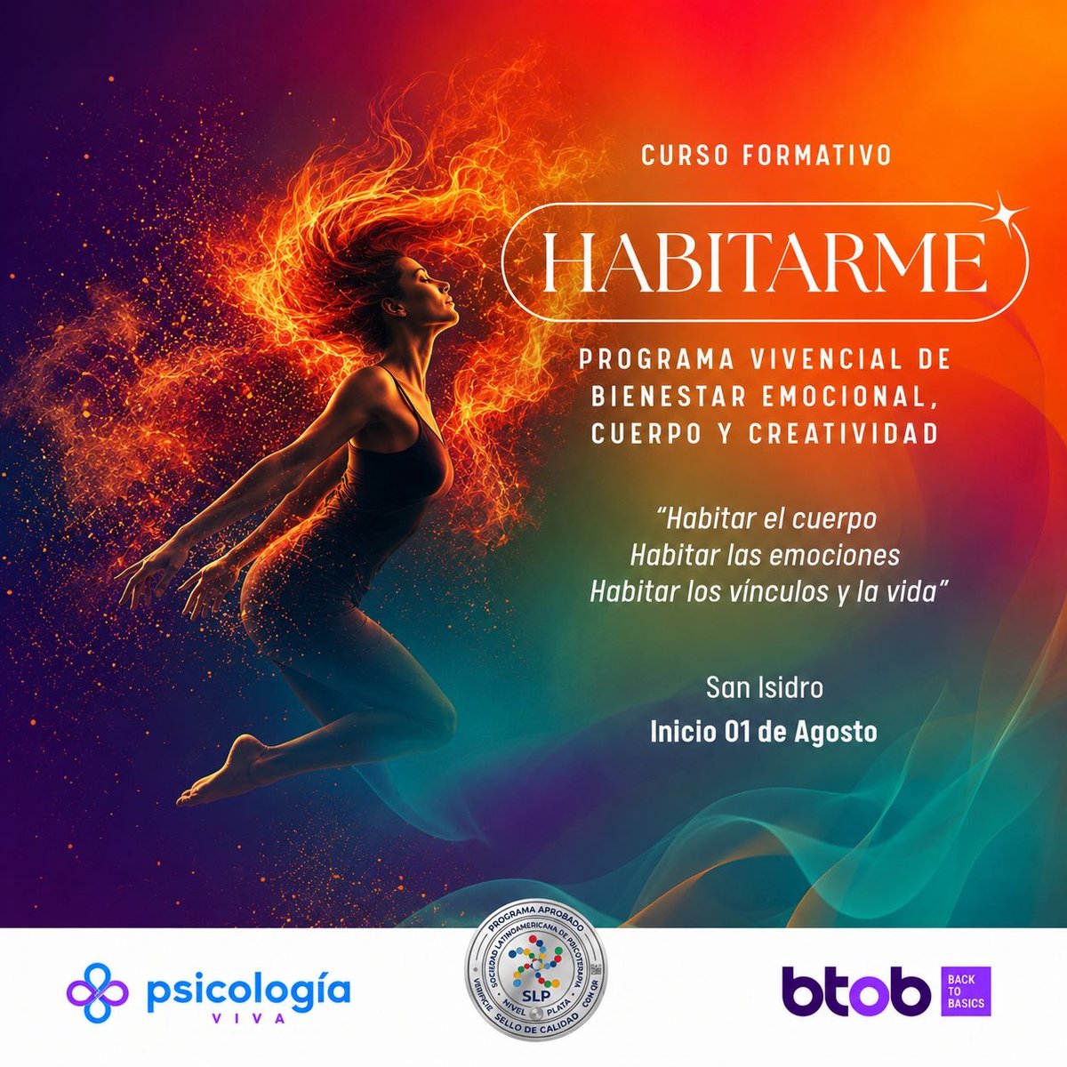 Flyer del curso Habitarme, programa vivencial de bienestar emocional, cuerpo y creatividad, inicio 1 de agosto en San Isidro