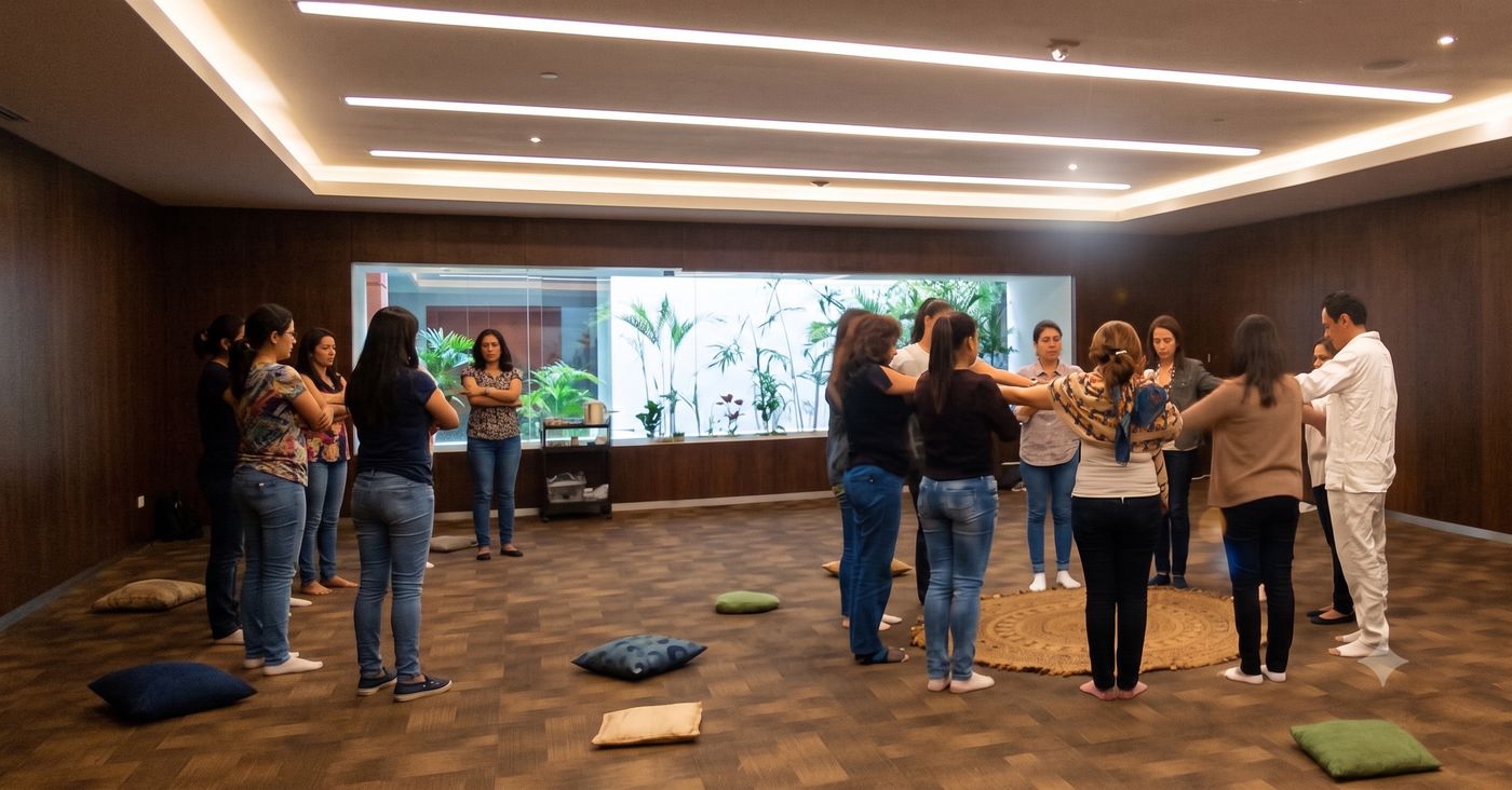 Grupo en círculo durante una sesión vivencial de Psicología Viva Perú