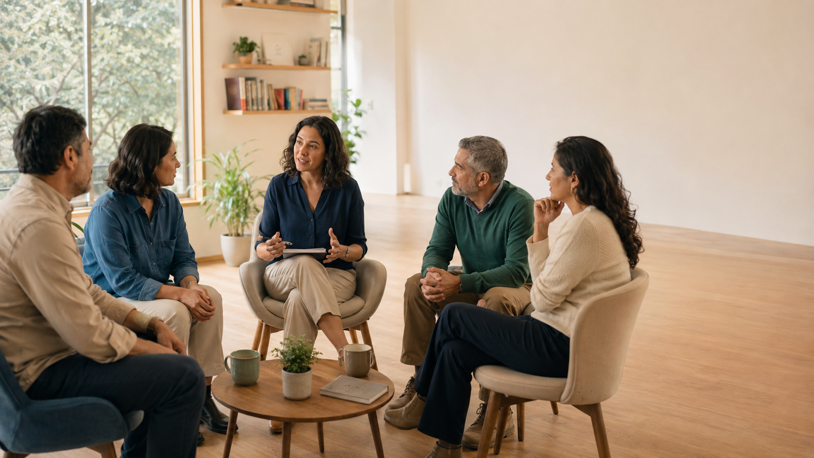 Personas adultas conversan y se escuchan en un espacio de acompañamiento
